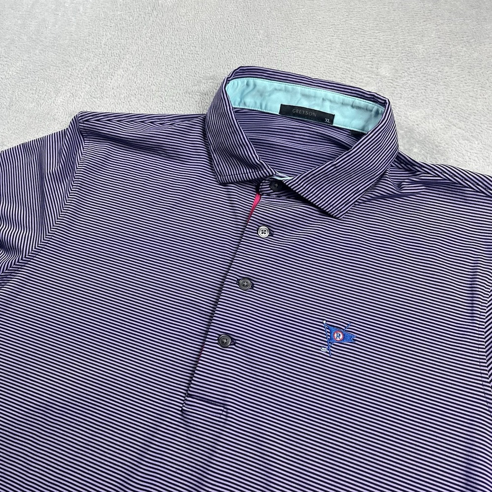 Greyson Golf Polo Shirt Mens XL Purple Striped Short Sleeve Button Down Logo